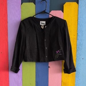 Vintage Black Cropped Blazer with Embroidered Detail